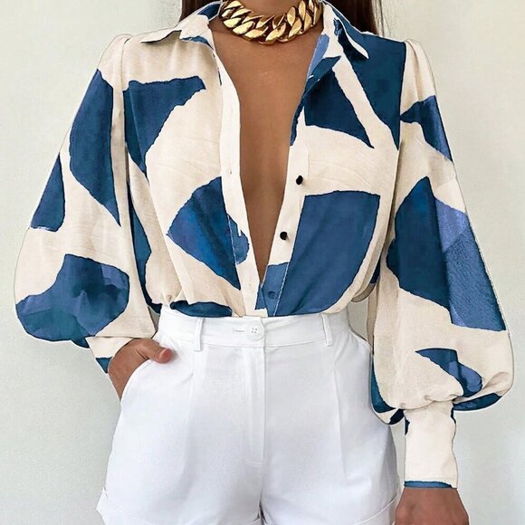 Blue Casual Women's Long Sleeve Allover Print Blouse Shirt - Picture 1 of 4